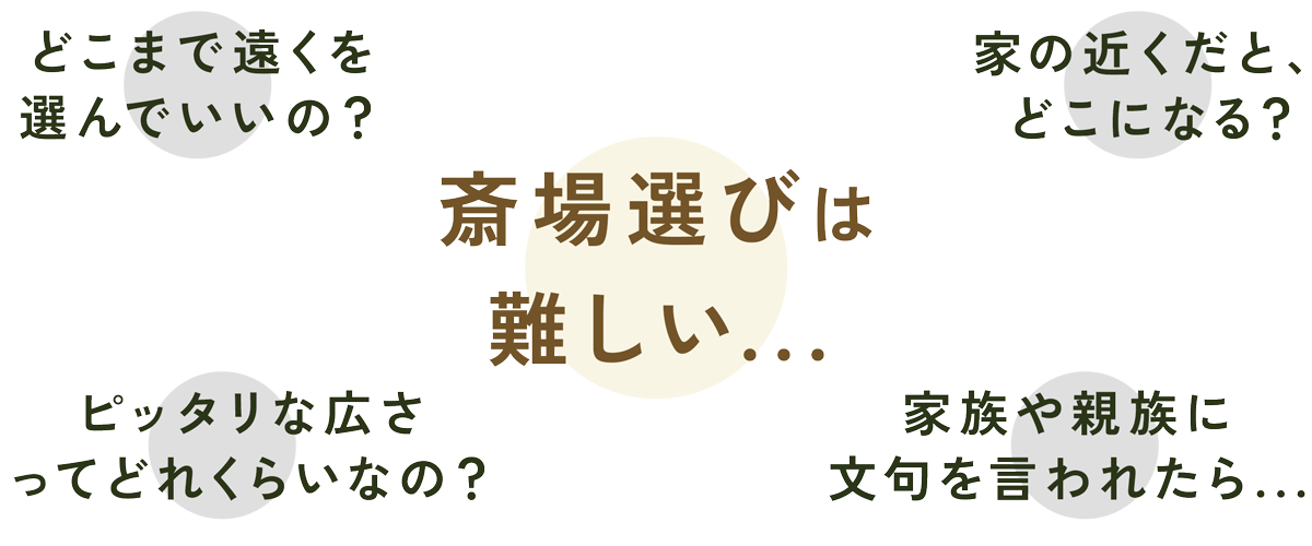 斎場選びは難しい...。どこまで遠くを選んでいいの？家の近くだとどこになる？ピッタリな広さってどれくらいなの？家族や親族に文句を言われたら...